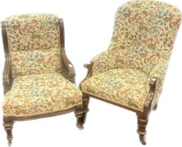 19th century his and her chairs, the whole upholstered in a foliate and animal theme, raised on