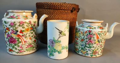 A collection of Two Qing dynasty Famille rose tea pots & Chinese Famille rose bird scene paint brush