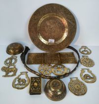 A collection of various antique brass wares; oriental dragon design brass plate signed to the