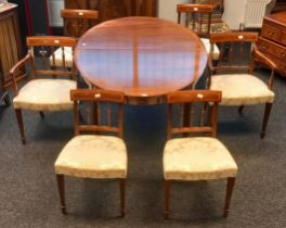 Reproduction of a 19th century mahogany and satin wood trim dining table, four chairs and two