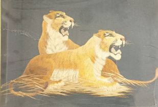 Early 20th Century Japanese Meiji period (1864-1912) silk embroidery of two tigers. The tigers are