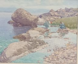 Robert Clouston Young R.S.W. (1860-1929) Watercolour depicting coastal scape with figures in the