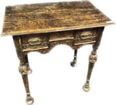 18th century Jacobean style oak table, rectangle top, single carved front frieze drawer, raised on