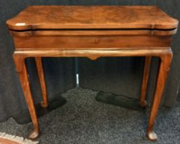 19th century burr walnut games table; lift up section- interior green baize playing area. pull out