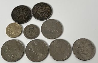 Selection of mixed coins; Two Silver Queen Victoria crowns- 1889 & 1891, 1976 & 1977 one dollar