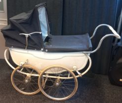 Vintage Silver Cross baby pram, cream enamel with blue line finish. Together with a boxed Morlands