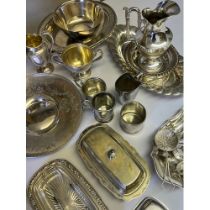 A Collection of silver plated and E.P Wares; Serving trays, water jug, dishes and flatwares.