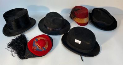 A collection of antique hats; wm Gilchrist Edinburgh ltd bowler hat 6 size 7/8 & top hat 19.4cm