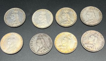 A Lot of six silver 1887 Queen Victoria double florin coins and two silver 1889 double florins.