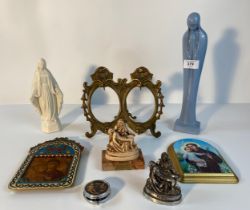 A collection of religious related collectables; Silver 925 virgin Mary holding Jesus figure