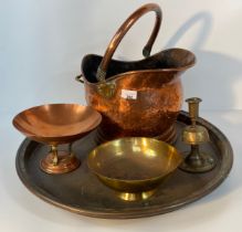 A collection antique copper and brass ware; oriental brass themed bowl & arts and crafts comport