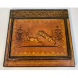 18th/19th century painting on board depicting tiger hunting deer surround by Greek key design