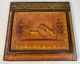 18th/19th century painting on board depicting tiger hunting deer surround by Greek key design