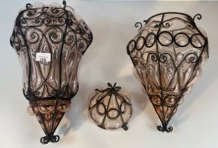 Two Mid Century Seguso Murano Caged Blown Bubble Lilac Toned Glass Porch Lights