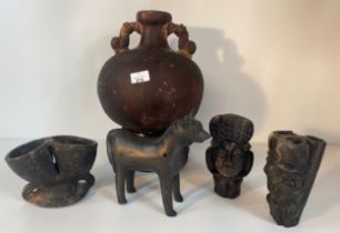 A collection of antique African related vessel vases & animal figure [36.5cm]