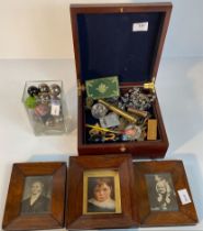 A selection of collectables; Victorian style portraits, coins, military badge & collection of