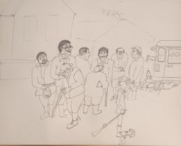 W.L Fine pen drawing ''Captain's Briefing'', dated 1984. [Frame 53x61cm]