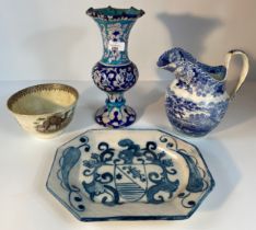A collection of 19th/ 20th century porcelain lustre bull scene pot, tin glazed vase & blue and white