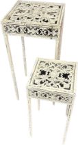 Two contemporary wrought iron and white painted side tables. [79x37x37cm]