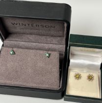 A Pair of 18ct yellow gold emerald and diamond earrings by Winterson. Together with a pair of 9ct