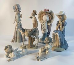 A collection of Lladro figurines; girl head figure with hat, the debutante & others