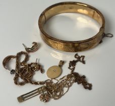 A Selection of 9ct yellow gold scrap; 9ct yellow gold bangle, earrings, broken necklaces and other