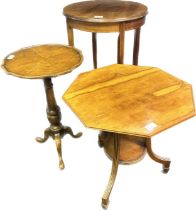 Three pieces of furniture; Antique pedestal wine table, Octagonal yew wood side table and Mahogany