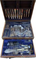 A Hamilton & Inches oak canteen box containing mixed cutlery