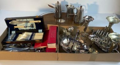 A collection of silver plated ware; silver plated bud vases, boxed cutlery, Hamilton & Inches