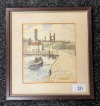 J.H. Wilson coloured etching, showing harbour and fort scene. [27.5x25.5cm frame]