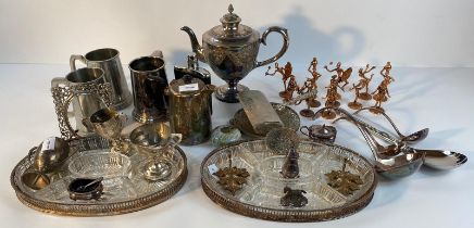 A collection of silver plated wares; 19th century tea pot, ladles & others items