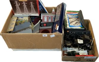 2 Boxes of train buildings, oo gauge track, control units & other items