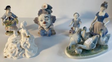 A collection of porcelain figures; Lladro clown head, Royal Doulton Antoinette & west German figures