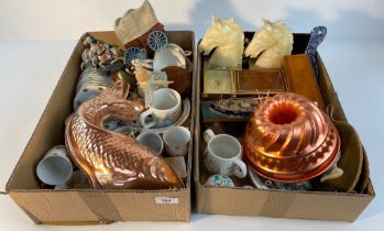 2 Boxes of collectables; A pair of onyx horse busts on plinths, vintage jelly moulds, German