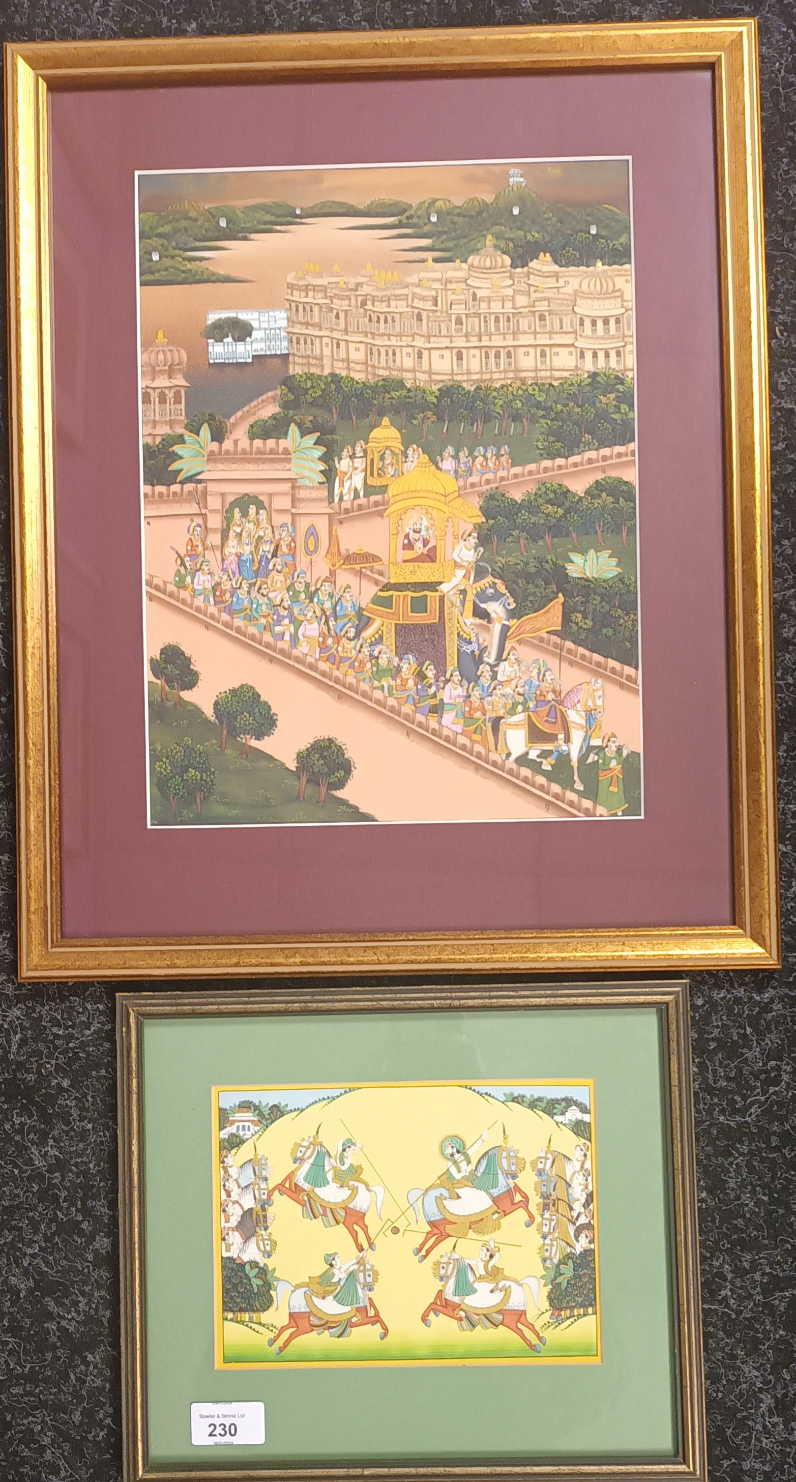 Two Indian Artworks Hand painted picture depicting Maharaja Procession on silk, unsigned. [Frame