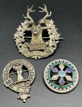 Antique Gordon Highlanders Silver Glengarry badge, Victorian silver & enamel round brooch and a