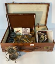 A suitcase of collectables; collectable vintage toy farm animal figures, plated ware & Victorian