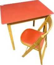 Vintage Formica red top kitchen table with a single fold out chair. [Table-76x81x61cm]