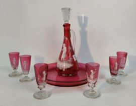 A Mary Gregor cranberry decanter & glass set with matching tray [23.5cm]