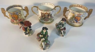 A collection of three paragon replica royalty loving cups along with a collection of three Antique
