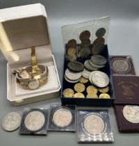 A Selection of vintage crowns, coins and three various watches- Zenith, Tissot and one other,