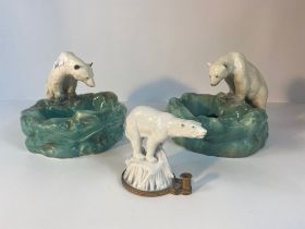 A Pair of Ditmar Urbach Rare Vintage Art deco Polar Bear Porcelain Ashtray figurines along with