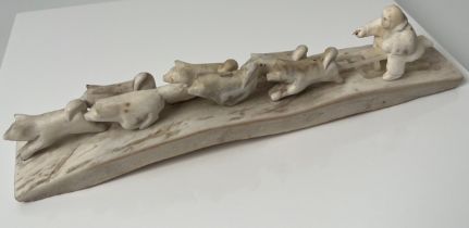 Antique Native American Inuit bone art carving of dogs, sledge and seated figure. [As found to