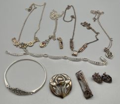 A Collection of silver jewellery; Mackintosh style silver jewellery- brooch, earrings, bangle,