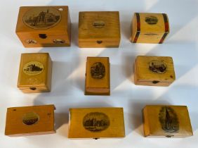 A collection of antique Mauchline ware boxes; Albert institute Dundee, Bruce's hotel Carnoustie,