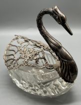 Large Vintage 925 silver and cut glass swan condiment dish. Movable silver ornate wings with an