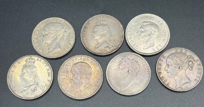 A Lot of seven silver crowns; George IIII 1821, Two Queen Victoria young head 1845, Two Queen