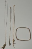 Three 9ct yellow gold necklaces and pendant with a 9ct yellow gold bangle. [9.69grams]