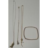 Three 9ct yellow gold necklaces and pendant with a 9ct yellow gold bangle. [9.69grams]