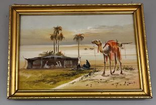 Arabic oil on canvas ''Camel and desert landscape'', signed and dated 91. [Frame 25x35cm]